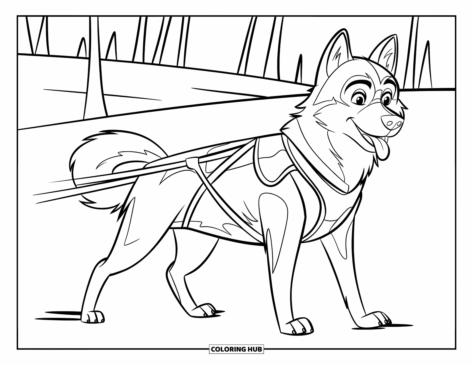 Husky Coloring Page for Kids: A husky stands ready in a sled dog harness on the snowy field