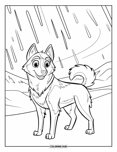 Coloriage de husky pour enfants : Un husky se tient sous des aurores boréales brillant au-dessus d'un sol enneigé