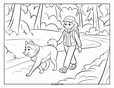 Coloriage de husky pour enfants : Un husky marche à côté d'une randonneuse sur un sentier bordé d'arbres