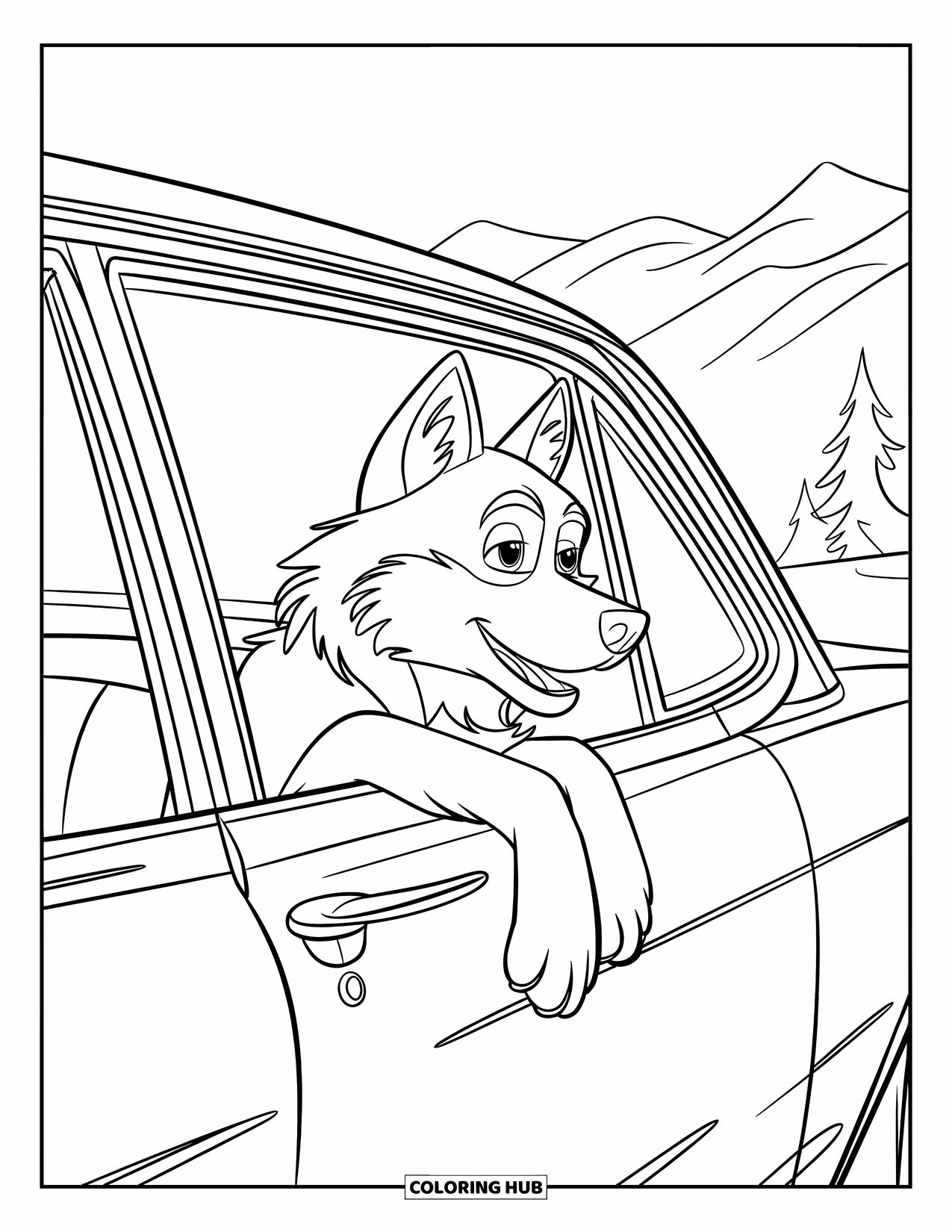 Husky Coloring Page for Kids: A husky watches from a vintage car window near pine-covered hills