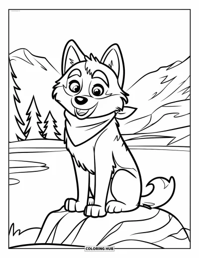 Coloriage de husky pour enfants : Un husky au visage heureux avec une écharpe est assis sur un rocher au bord d'un lac