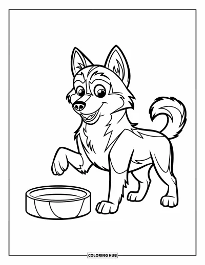 Coloriage de husky pour enfants : Un husky avec une patte levée se tient près d'un bol vide avec un air espiègle