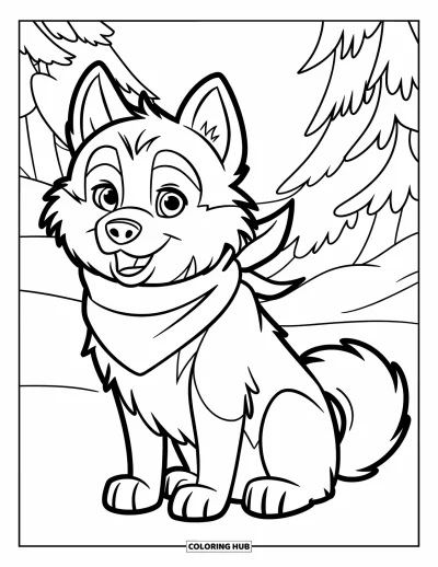 Coloriage de husky pour enfants : Un husky avec une écharpe rouge et un pelage duveteux assis dans une forêt enneigée