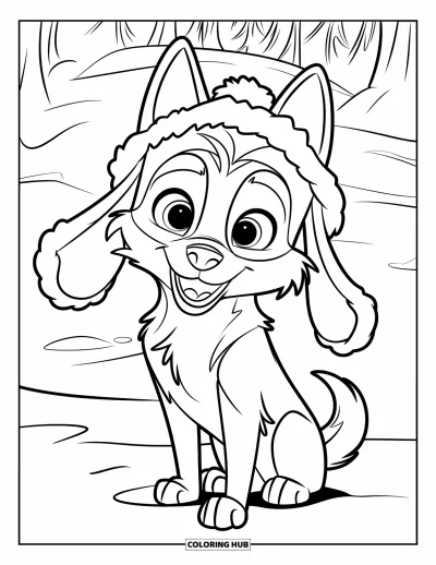 Coloriage de husky pour enfants : Un husky aux grands yeux et au bonnet rigolo est assis sur un banc de neige parmi les arbres