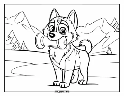 Coloriage de husky pour enfants : Un husky aux grands yeux tient un jouet couineur dans une forêt enneigée