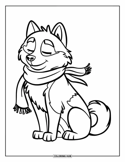 Coloriage de husky pour enfants : Un husky les yeux fermés et une écharpe est assis tranquillement sur un fond blanc