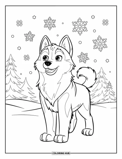 Coloriage de husky pour enfants : Un husky le museau levé attrape des flocons de neige près de sapins