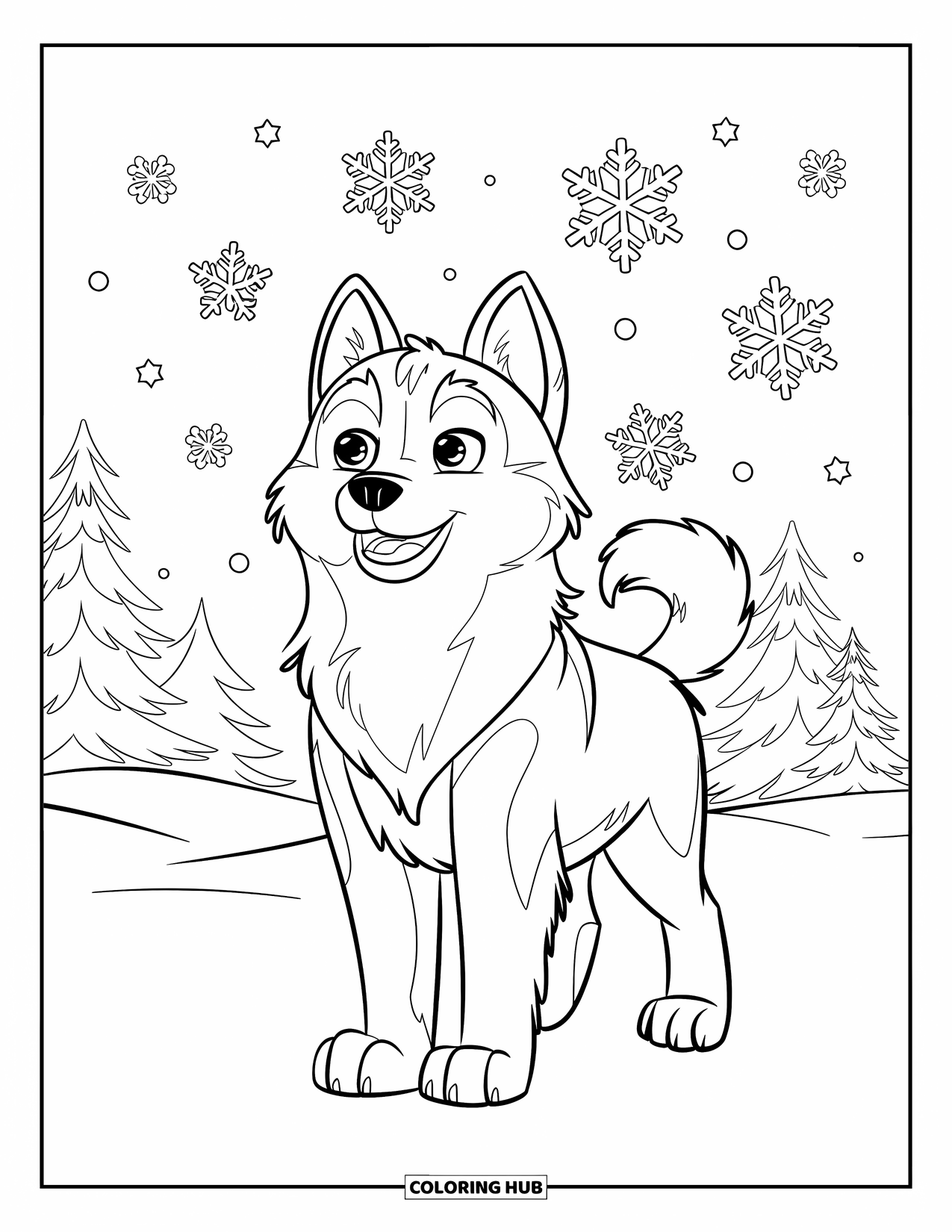 Husky Coloring Page for Kids: A husky with its nose raised catches snowflakes near pine trees