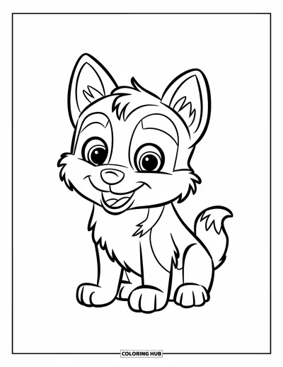 Coloriage de husky pour enfants : Un chiot husky souriant avec la queue frétillante sur fond blanc, traits épais uniquement