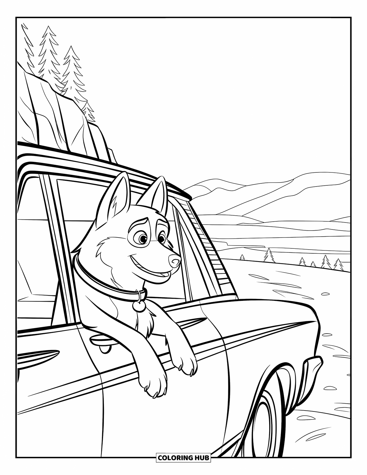 Husky Coloring Page for Kids: A teenage husky rides in a car beside a mountain view