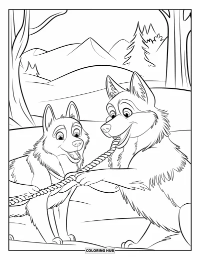 Coloriage de husky pour enfants : Des huskies tirent sur un jouet en corde près de montagnes et d'arbres enneigés