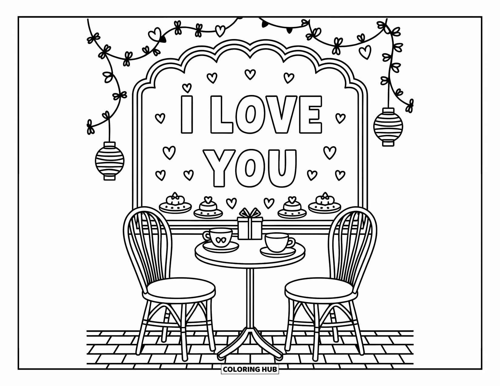 Coloriage Je t'aime pour adultes : Une table de café confortable pour deux personnes est placée sous un joli panneau « Je t'aime »