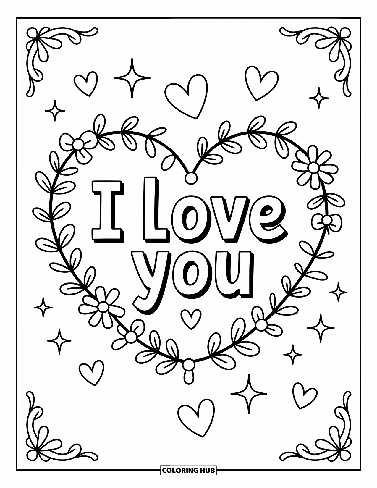 I Love You Coloring Page for Adults: A floral heart wreath surrounds the words "I Love You" with sparkles and bows