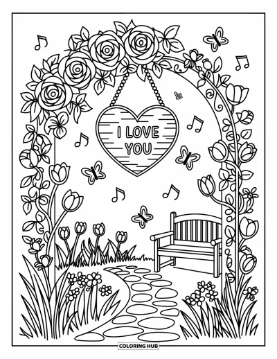 I Love You Coloring Page for Adults: A flower-covered arch with butterflies frames a sign that says "I Love You"