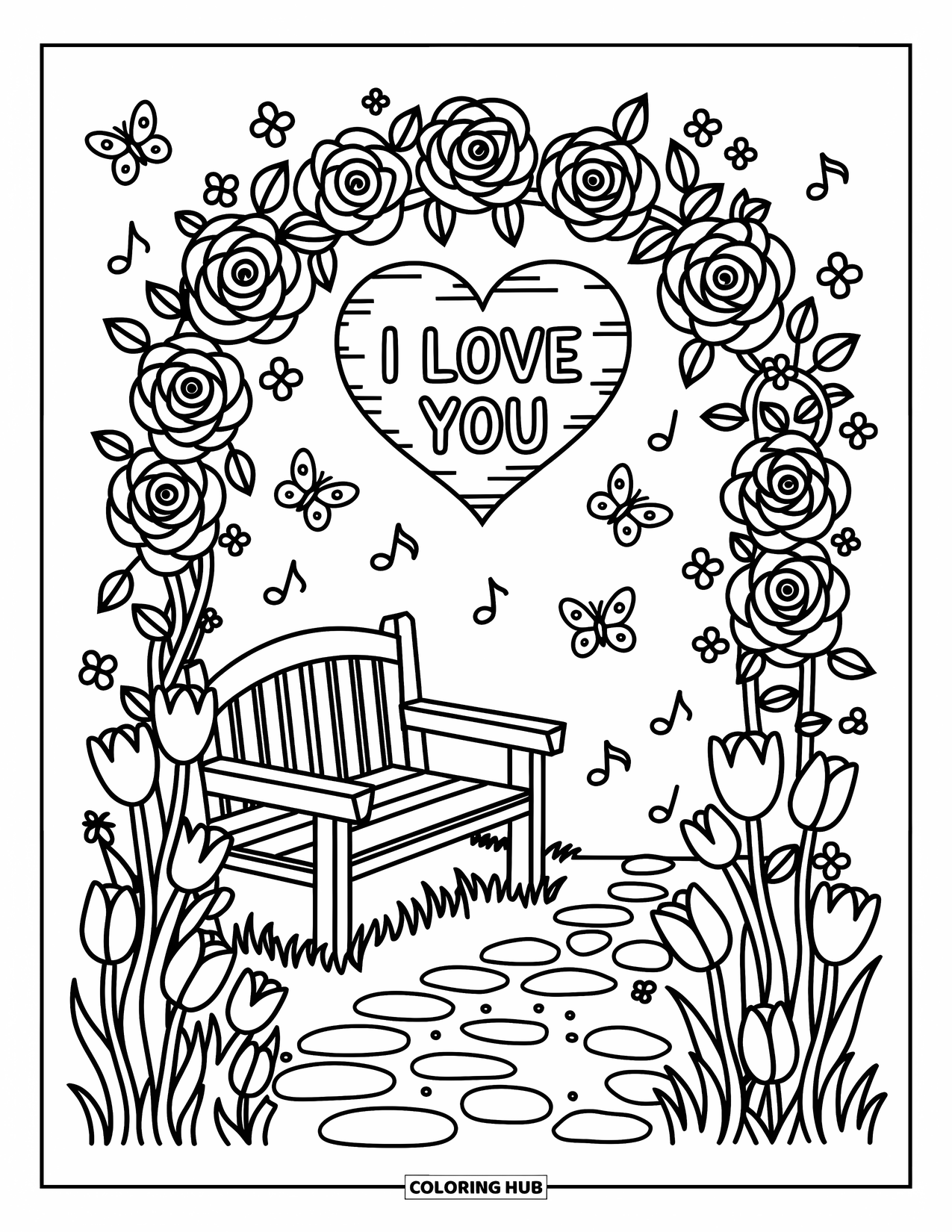 Coloriage Je t'aime pour adultes : Une arche de jardin de fleurs tient un panneau en forme de cœur qui dit « Je t'aime »