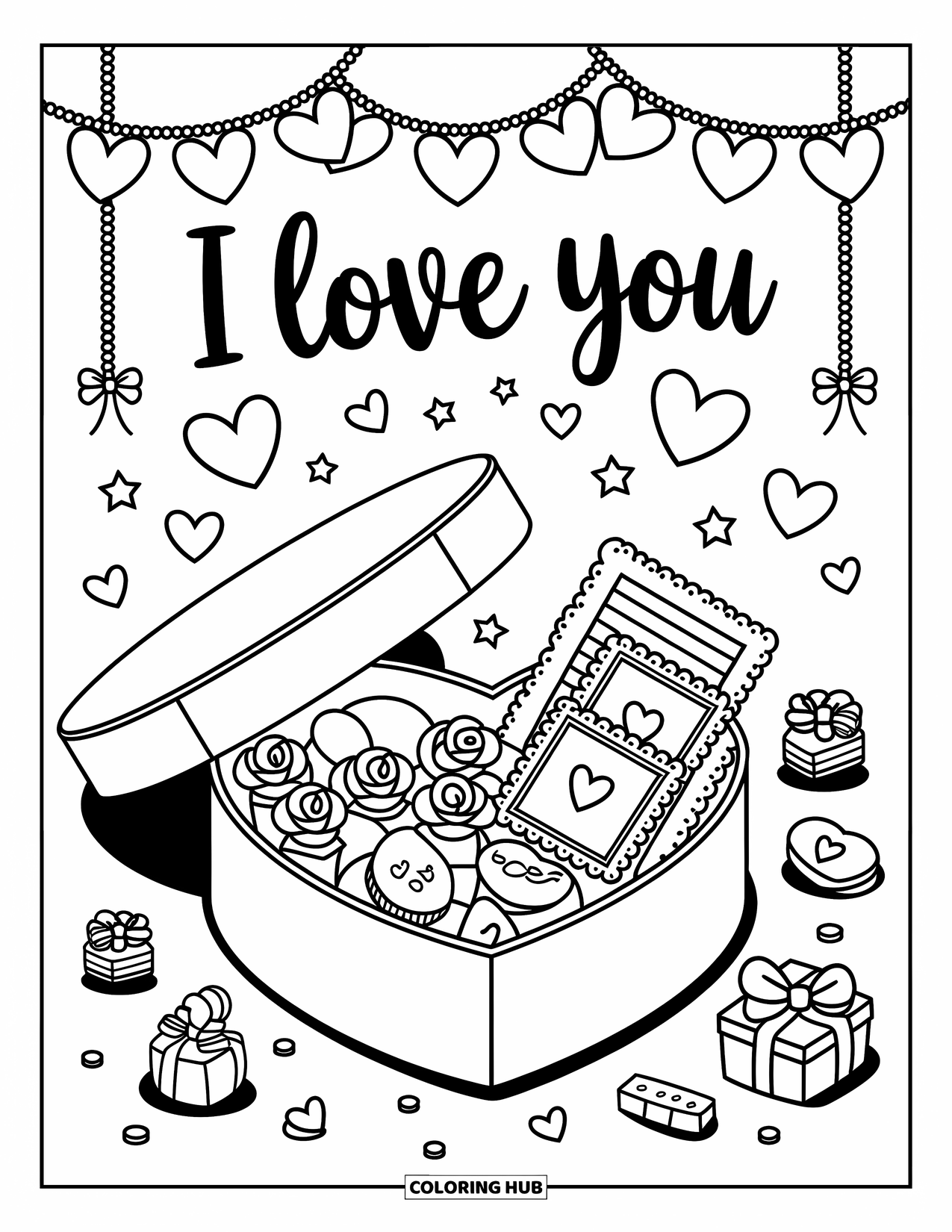I Love You Coloring Page for Adults: A heart-shaped gift box opens to reveal cute notes and an "I Love You" display