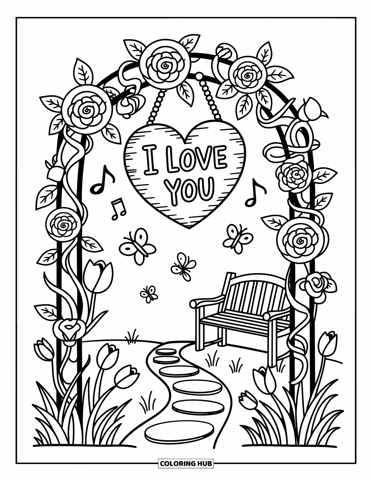 I Love You Coloring Page for Adults: A heart sign reading "I Love You" hangs in a garden archway of roses and vines