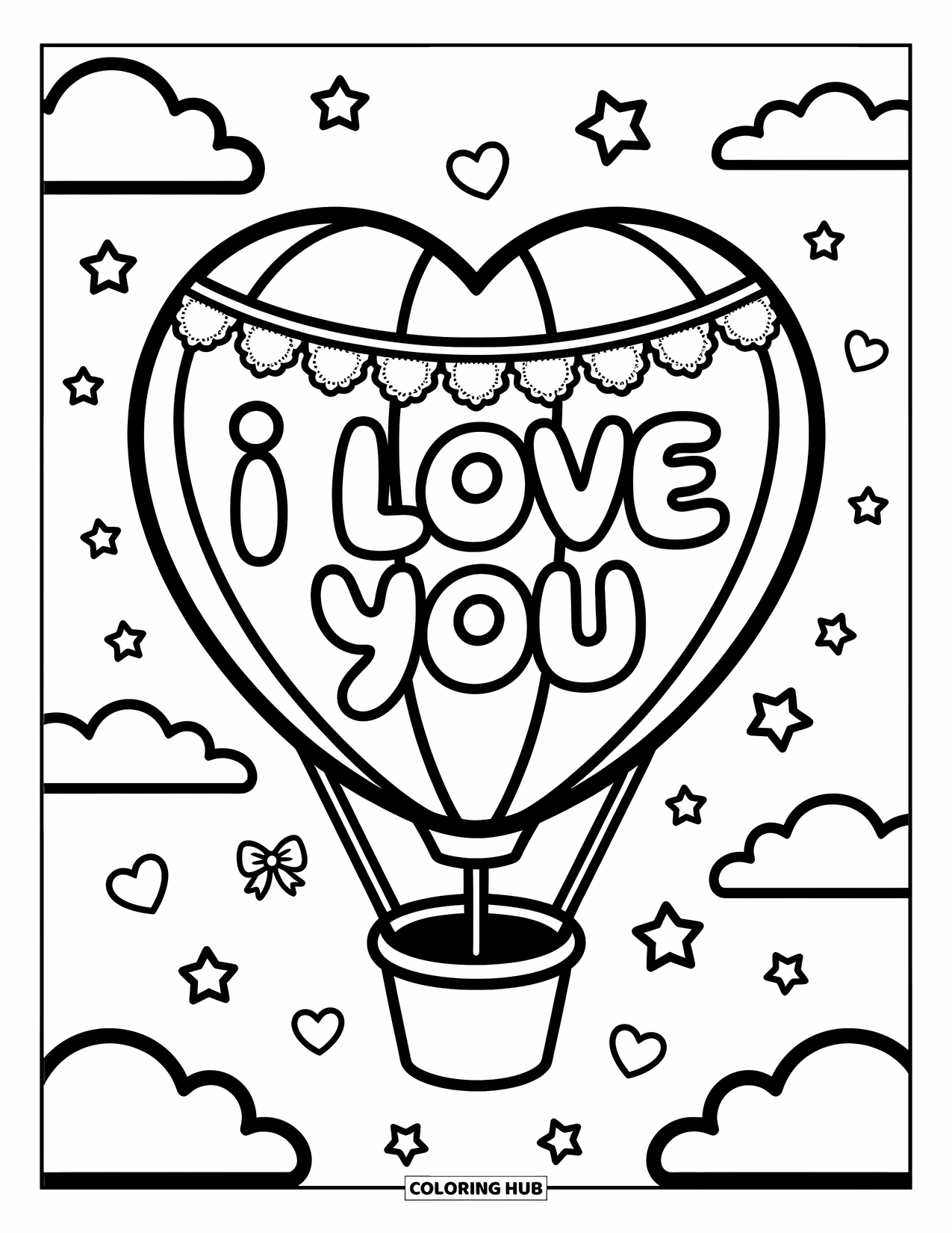 I Love You Coloring Page for Adults: A soft balloon shaped like a heart carries "I Love You" through a sky of stars
