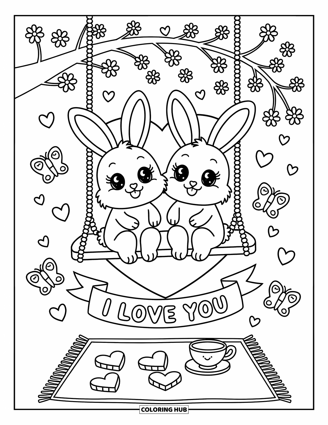I Love You Coloring Page for Adults: Bunnies swing under a flowering tree with hearts, stars, and an "I Love You" sign