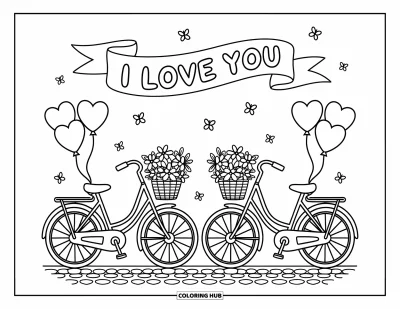 I Love You Coloring Page for Adults: Heart balloons and flowers fill baskets on two bikes with an "I Love You" banner