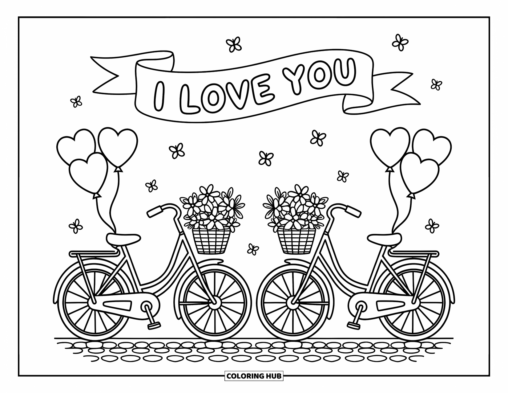 I Love You Coloring Page for Adults: Heart balloons and flowers fill baskets on two bikes with an "I Love You" banner