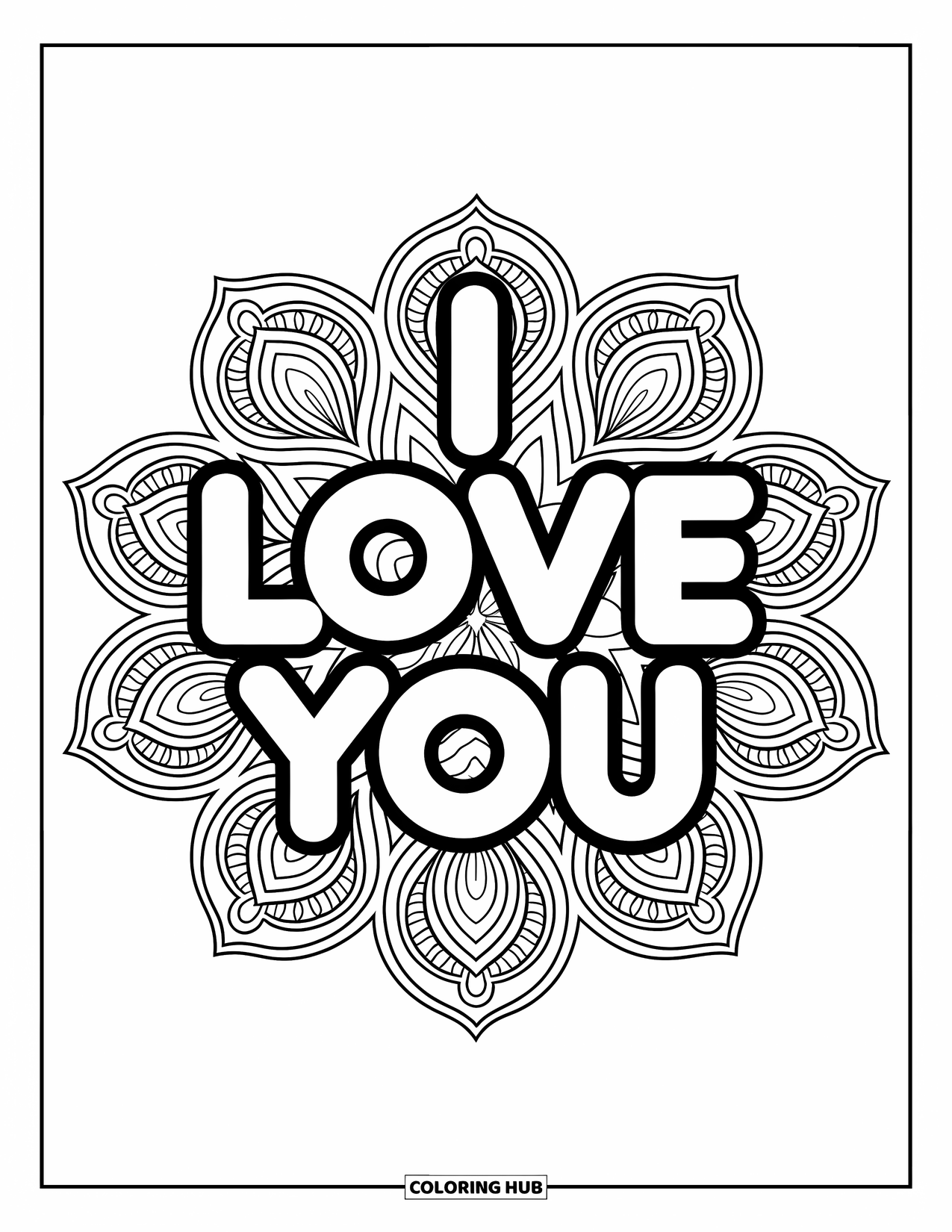Coloriage Je t'aime pour adultes : Des mandalas en forme de cœur fleurissent autour d'un message central Je t'aime