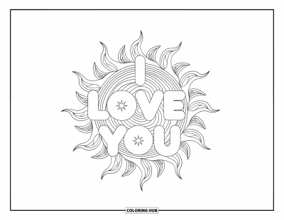 I Love You Coloring Page for Adults: "I Love You" glows in modern script surrounded by swirls, waves, and sparkles