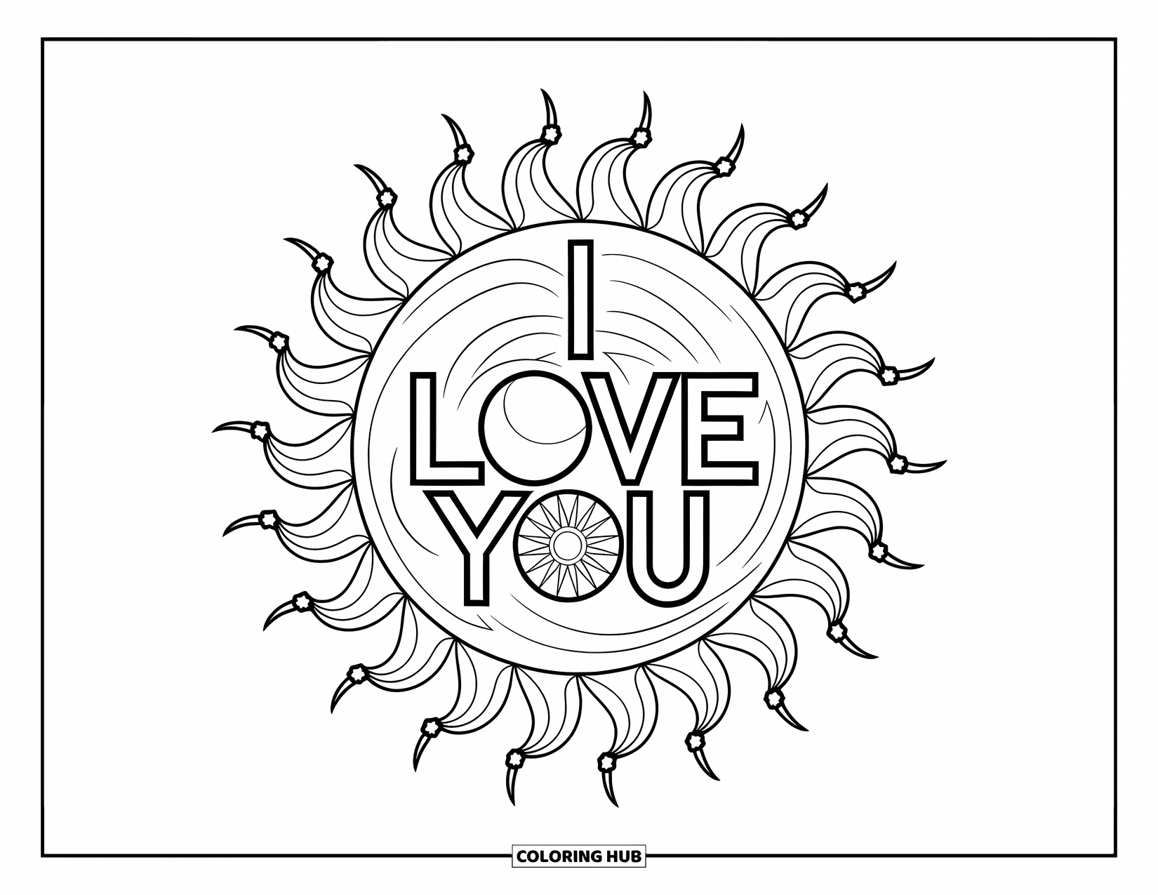 I Love You Coloring Page for Adults: "I Love You" in calligraphy sits inside a sunny mandala of spirals and stars