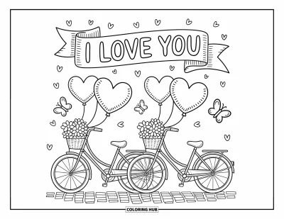 I Love You Coloring Page for Adults: Side-by-side bikes with heart balloons and a banner that says "I Love You"