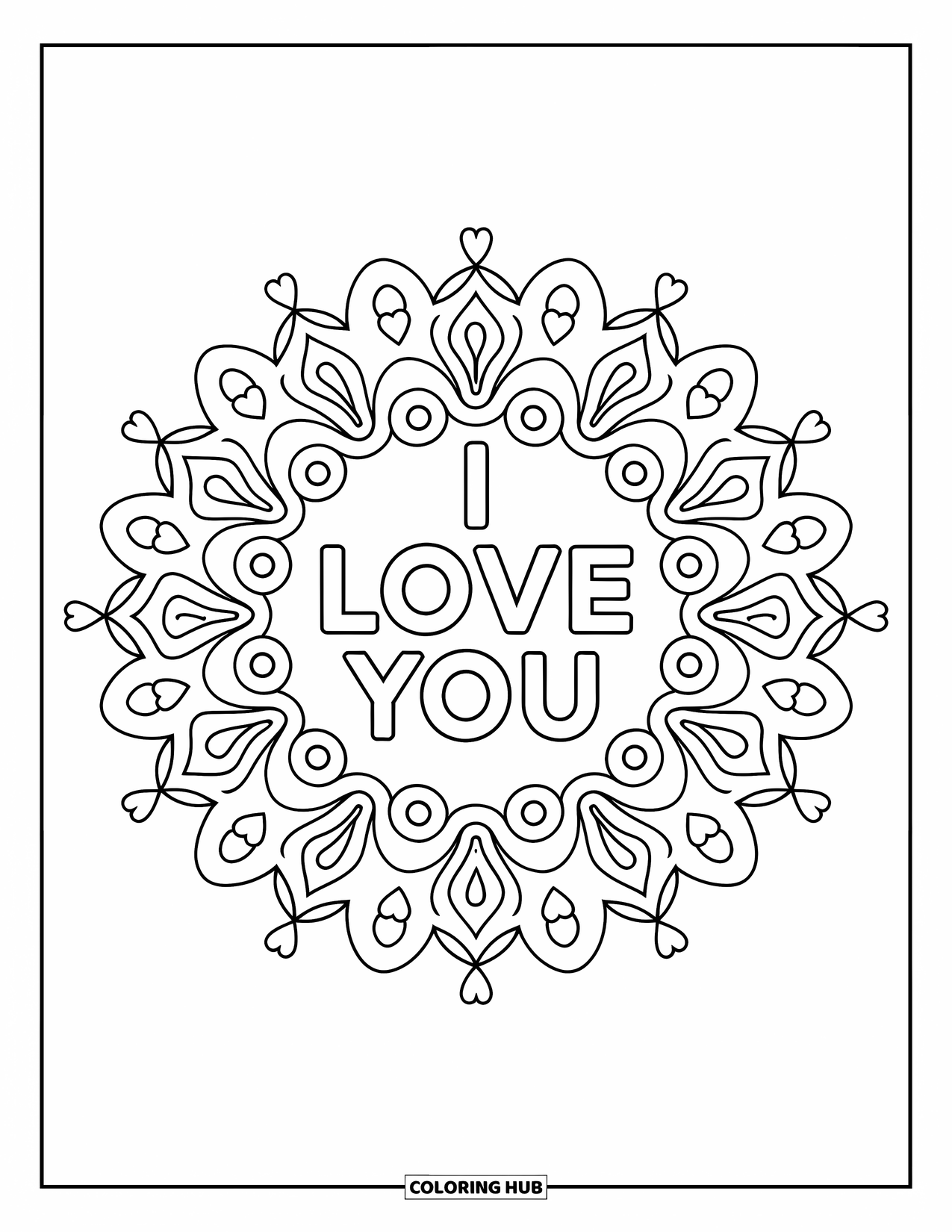 Coloriage Je t'aime pour adultes : Des tourbillons et des motifs cachemire forment un mandala autour des mots Je t'aime