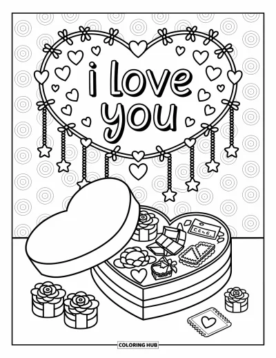 I Love You Coloring Page for Adults: Tiny gifts fill a heart box below an "I Love You" garland of stars and bows