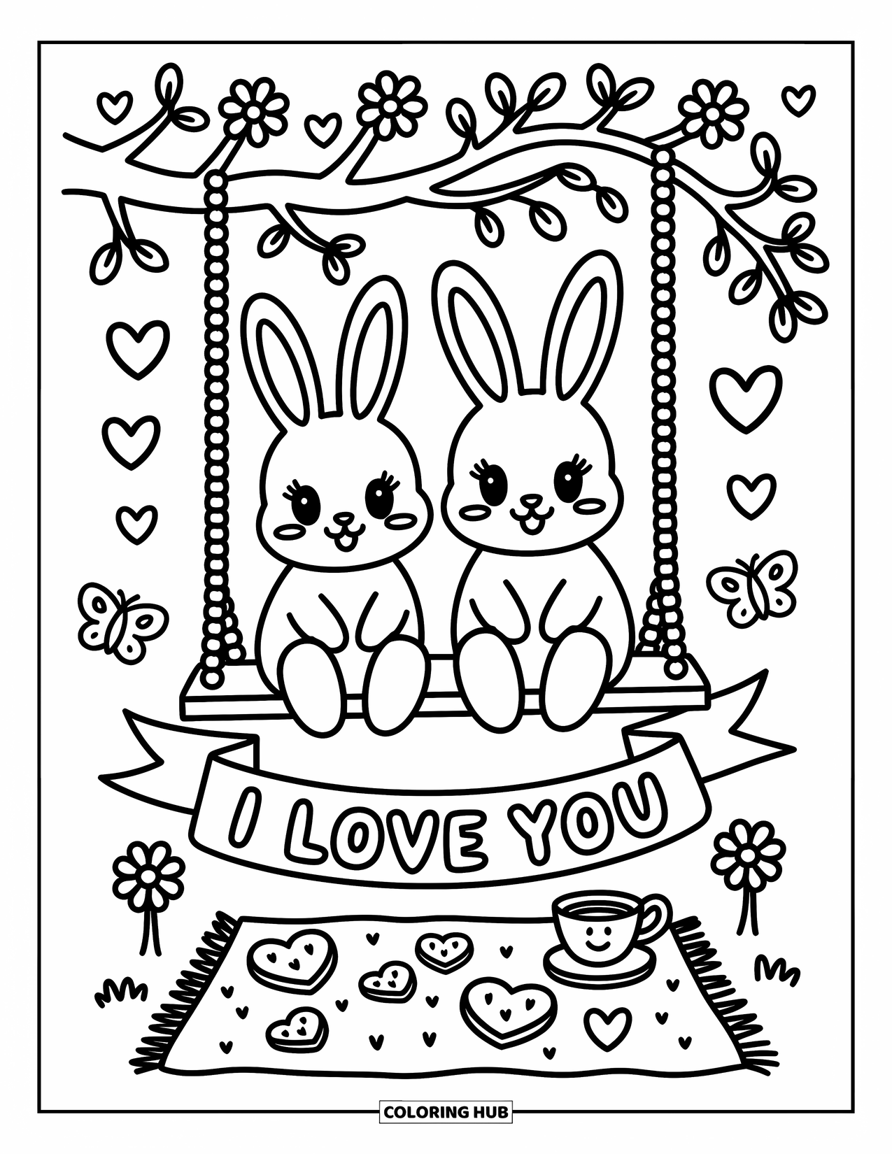 I Love You Coloring Page for Adults: Two bunnies swing from a tree with a banner below that says "I Love You"