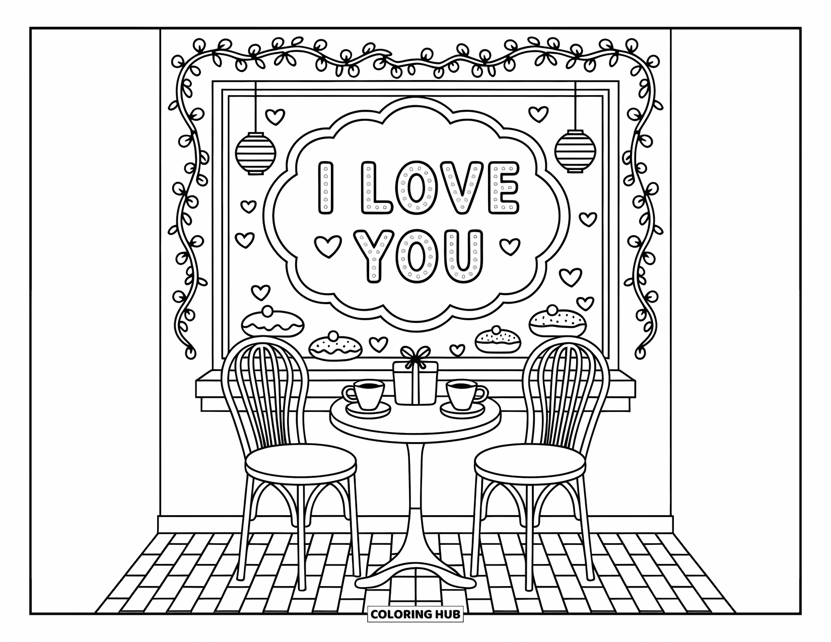 Coloriage Je t'aime pour adultes : Deux sièges dans un café confortable partagent du thé et un joyeux panneau « Je t'aime »