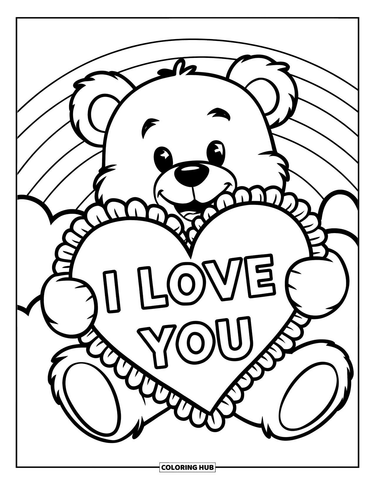 Coloriage Je t'aime pour enfants : Un ours est assis sur un nuage tenant un cœur avec « Je t'aime » à l'intérieur