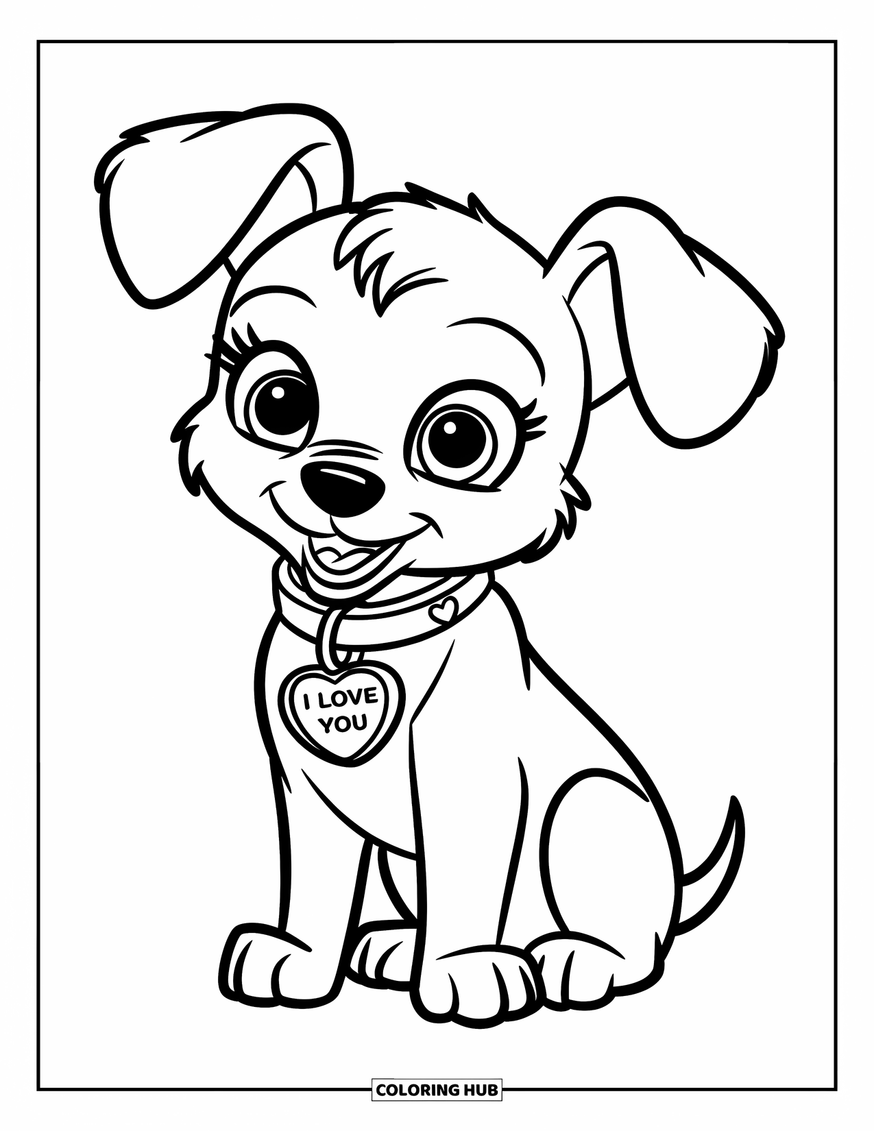 Coloriage Je t'aime pour enfants : Un chiot aux grands yeux avec une étiquette en forme de cœur est assis doucement sur un espace vide