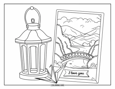 I Love You Coloring Page for Kids: A bridge scene postcard beside a lantern and paper crane with "I Love You"