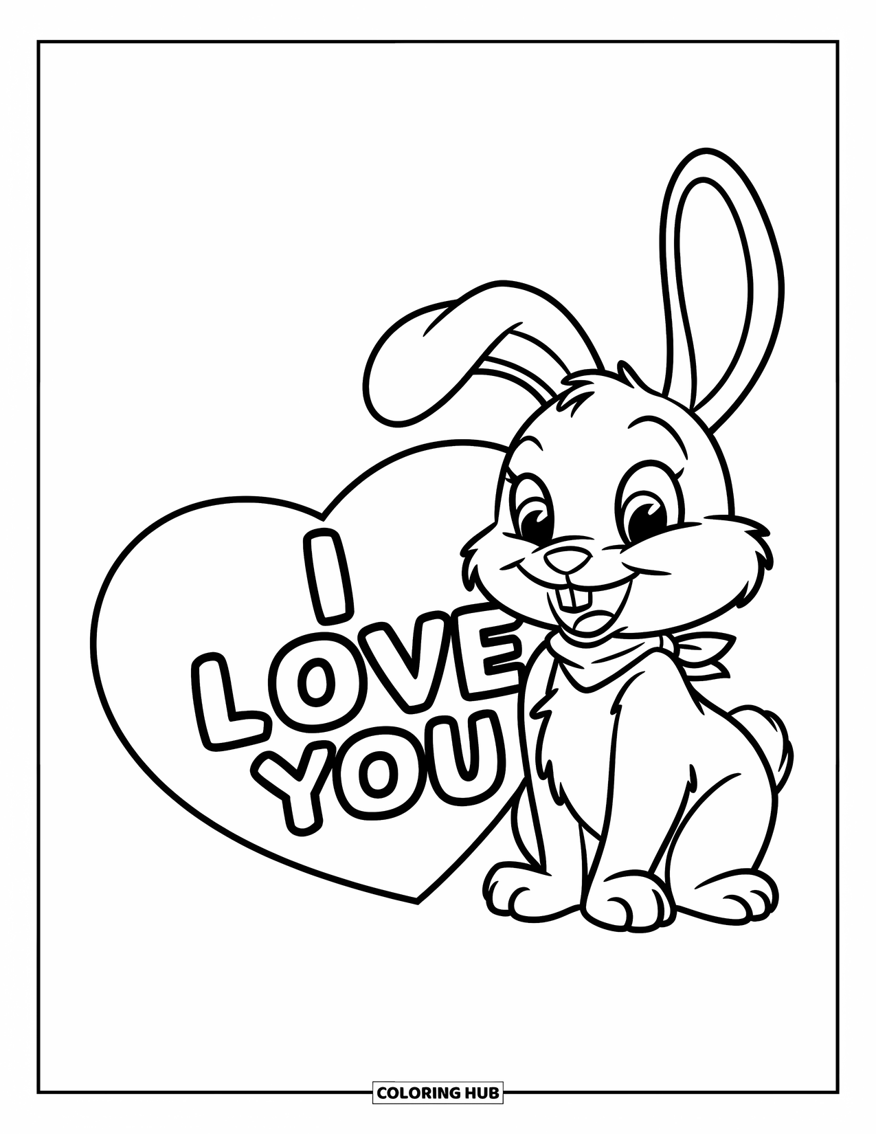 Coloriage Je t'aime pour enfants : Un lapin sourit à côté d'un cœur avec « Je t'aime » à l'intérieur