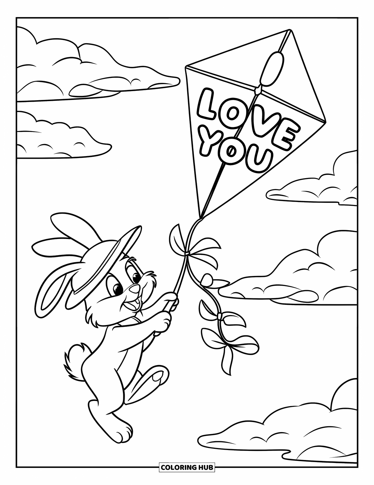 Coloriage Je t'aime pour enfants : Un lapin avec un chapeau fait voler un cerf-volant attaché à un poteau épelant « Je t'aime »