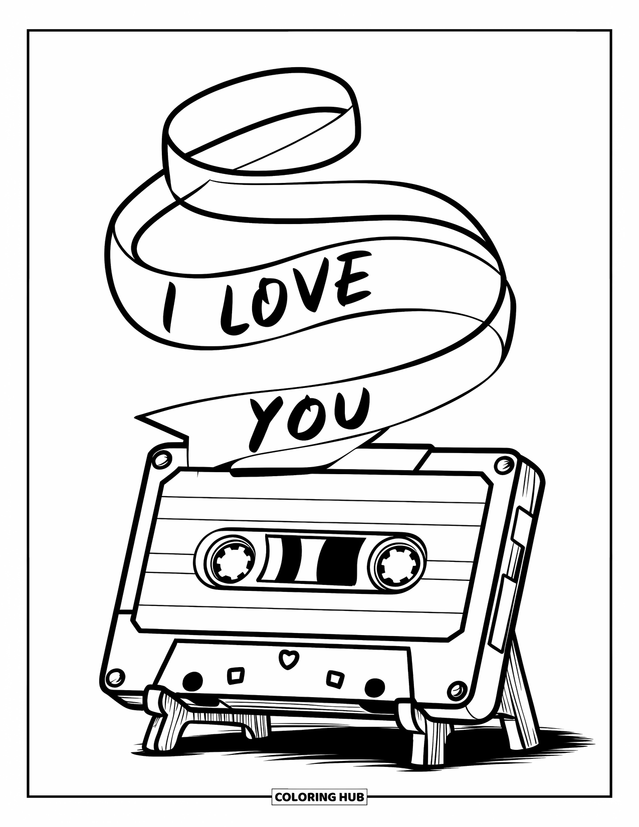 Coloriage Je t'aime pour enfants : Une cassette est posée sur du bois, son ruban formant les mots « Je t'aime »