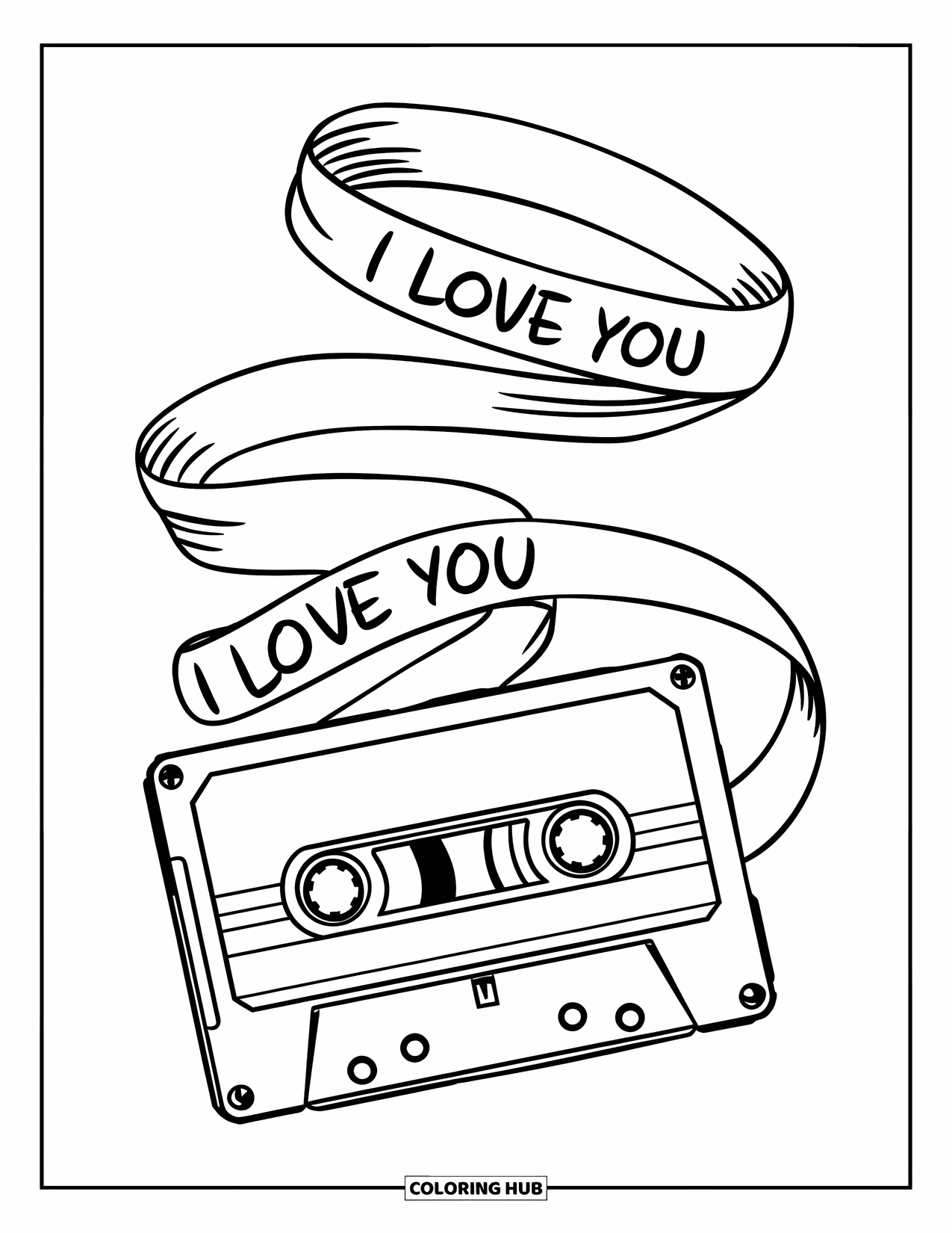 Coloriage Je t'aime pour enfants : Une cassette se déroule en un ruban qui épelle « Je t'aime »