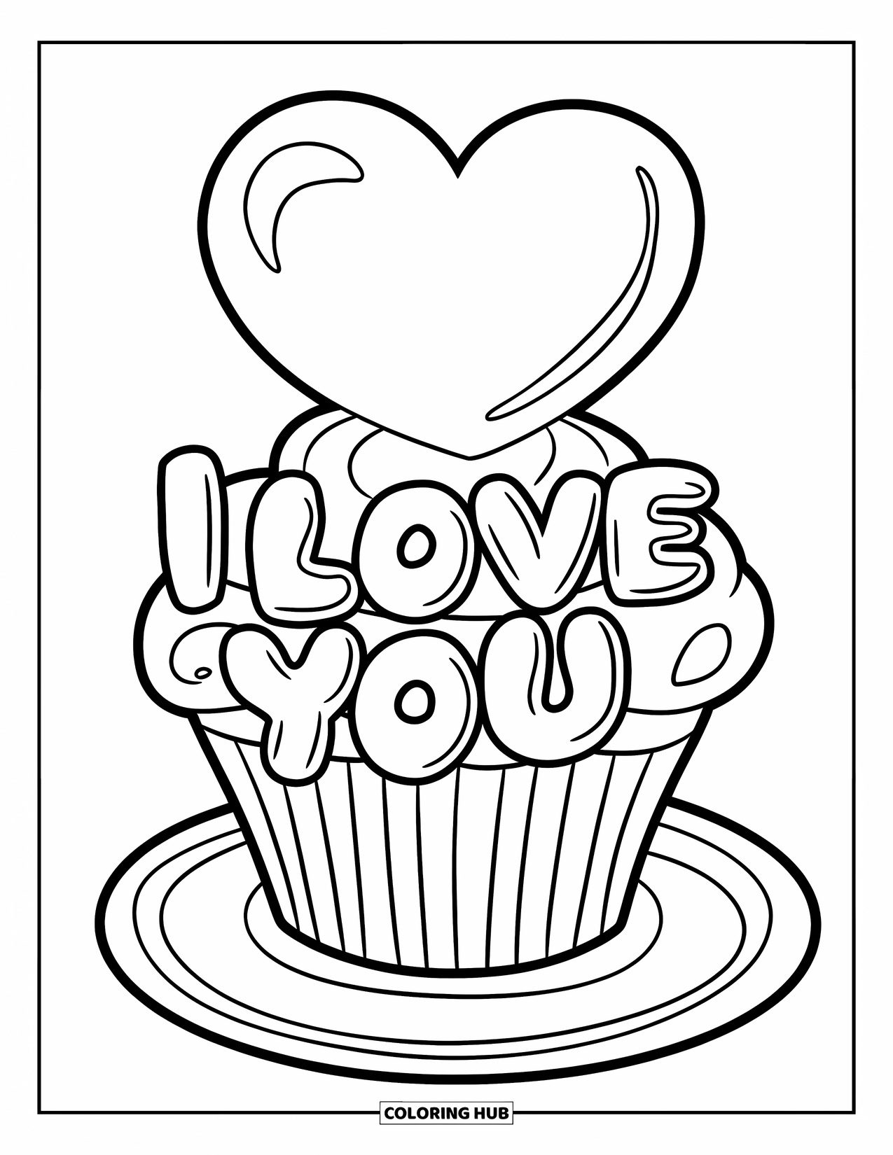 Coloriage Je t'aime pour enfants : Un cupcake sur une assiette avec une décoration en forme de cœur et « Je t'aime » dessus