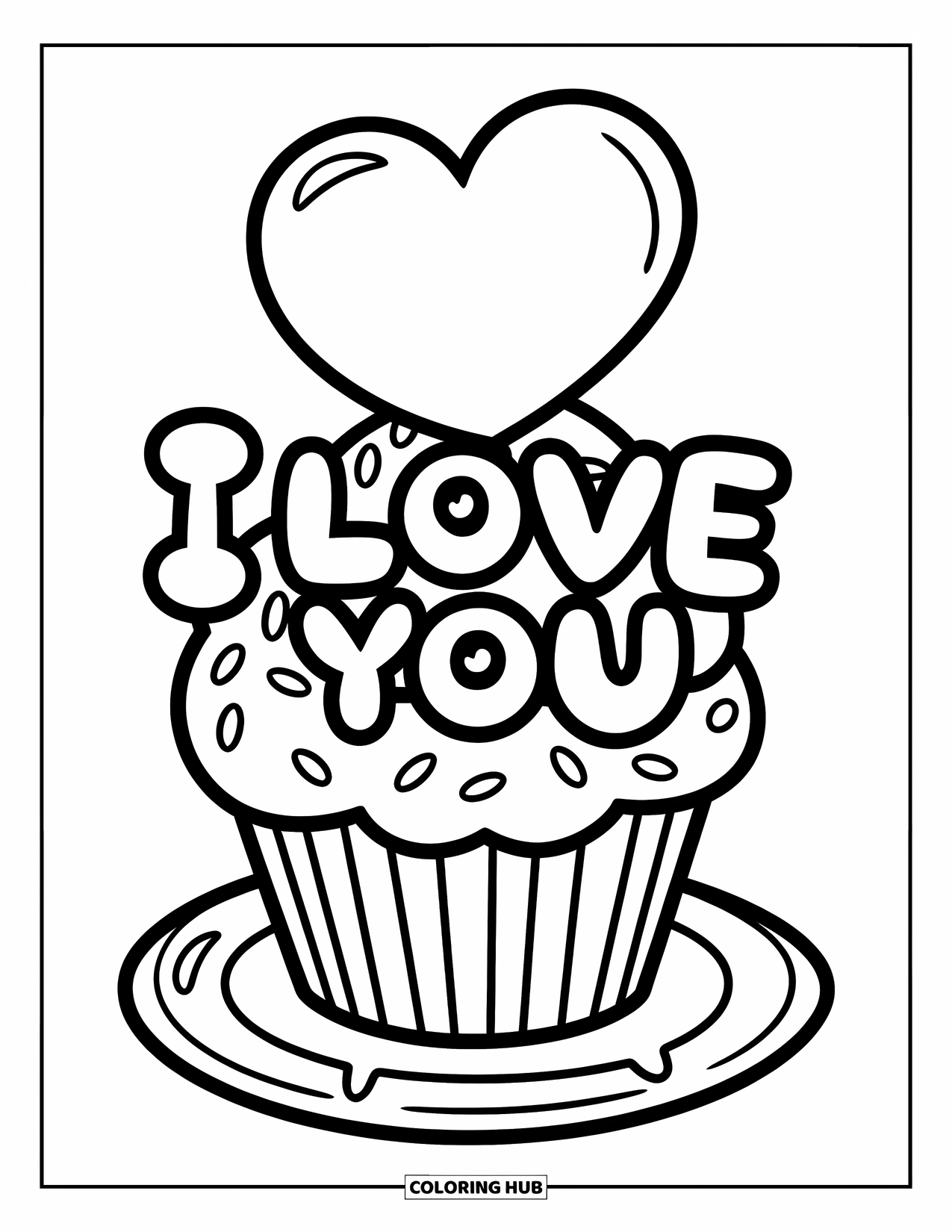 Coloriage Je t'aime pour enfants : Un cupcake avec une grande décoration en forme de cœur et un texte pétillant « Je t'aime »
