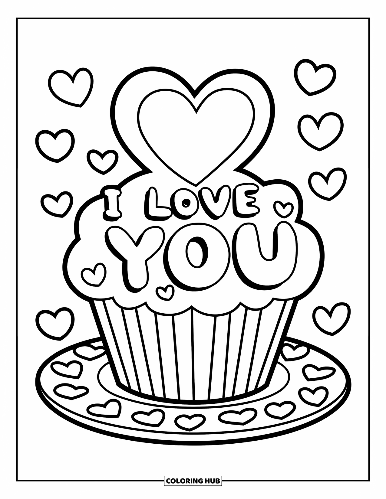 Coloriage Je t'aime pour enfants : Un cupcake avec des cœurs éparpillés et une grande décoration « Je t'aime »