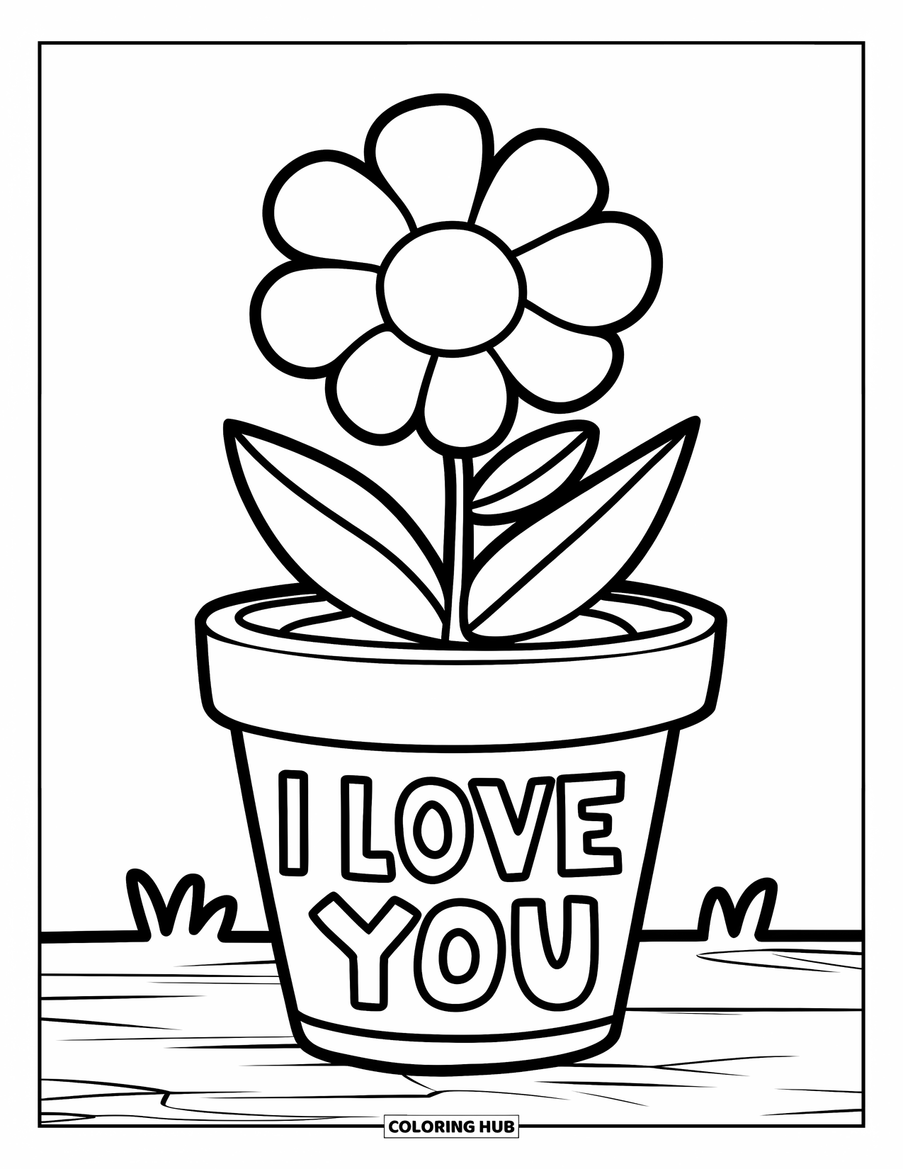 Coloriage Je t'aime pour enfants : Une jolie fleur dans un pot affiche un message ludique « Je t'aime »