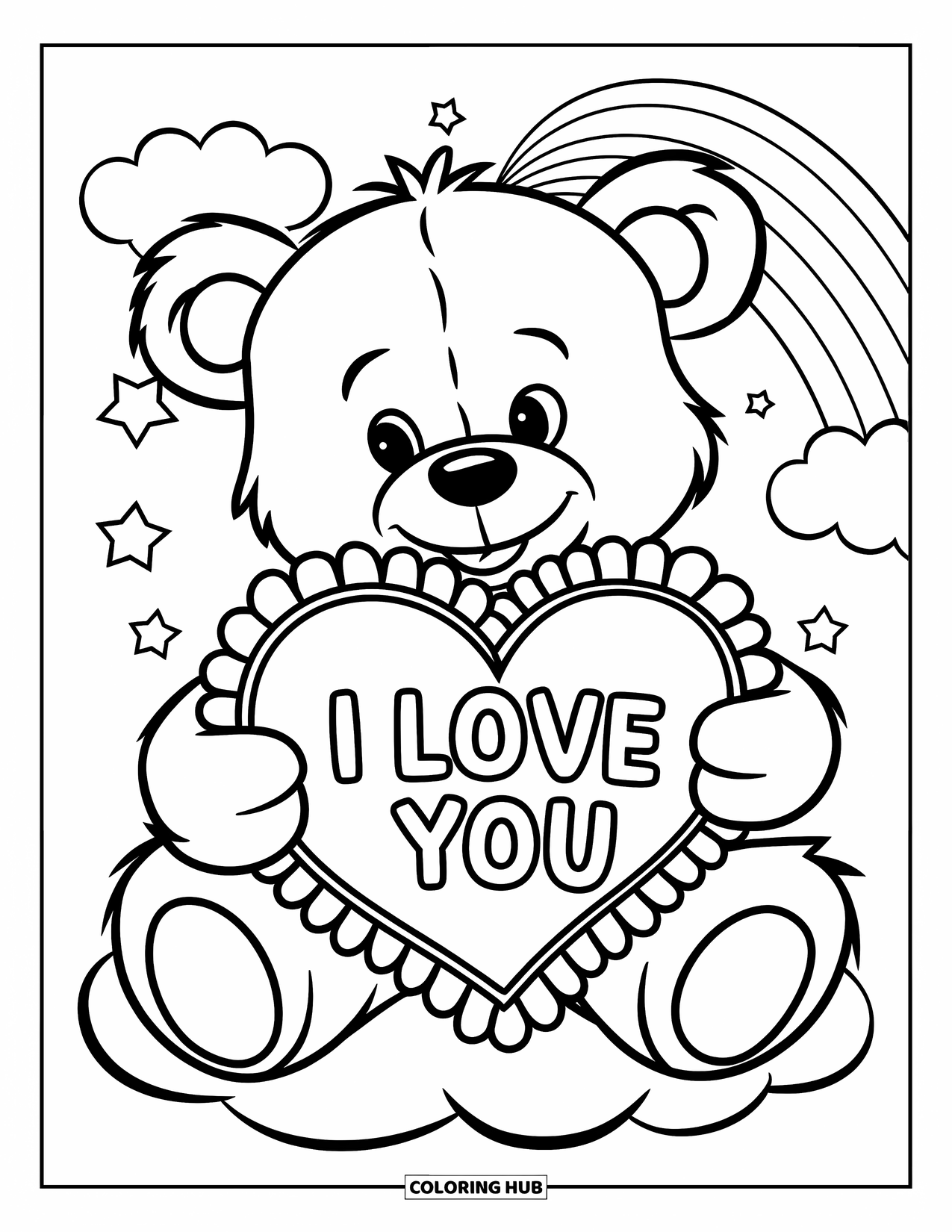I Love You Coloring Page for Kids: A cute teddy holds a frilly heart that says "I Love You" under a rainbow