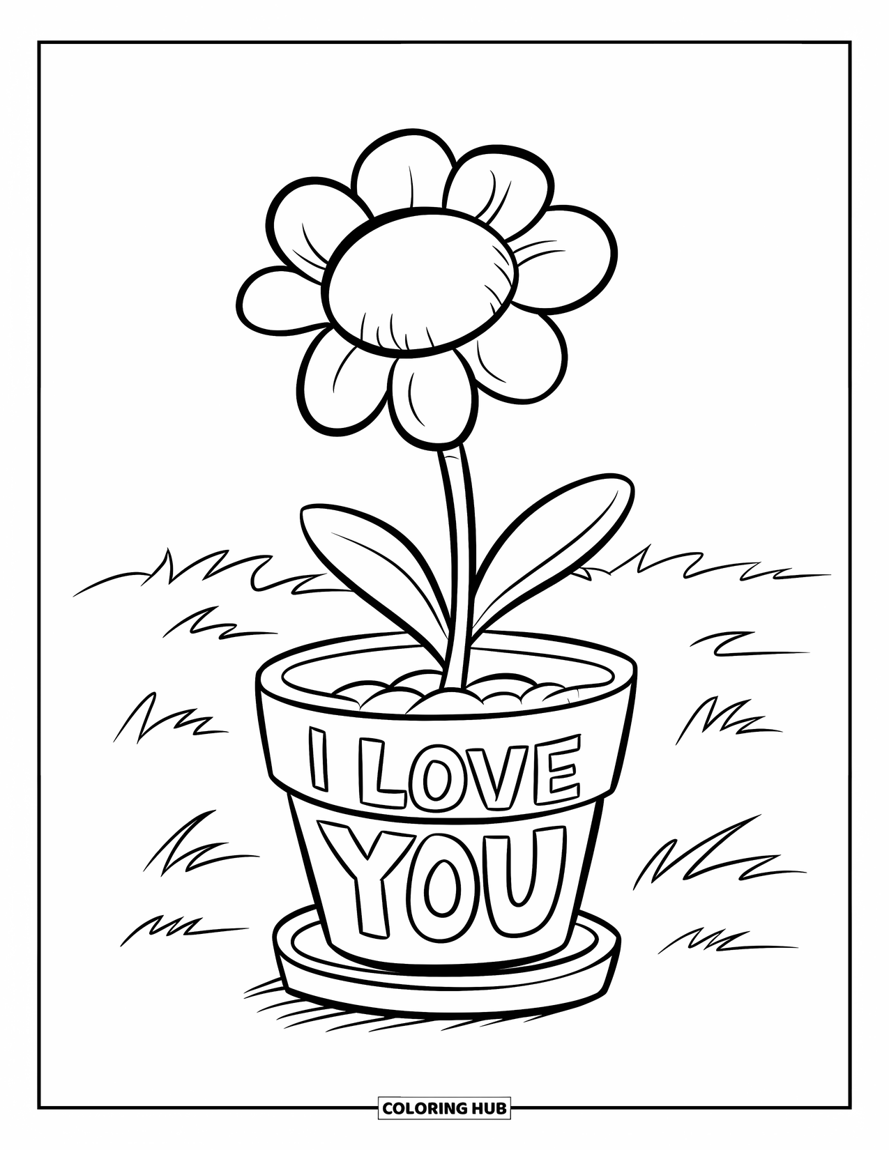 Coloriage Je t'aime pour enfants : Une fleur à tête ronde est assise dans un pot étiqueté « Je t'aime »