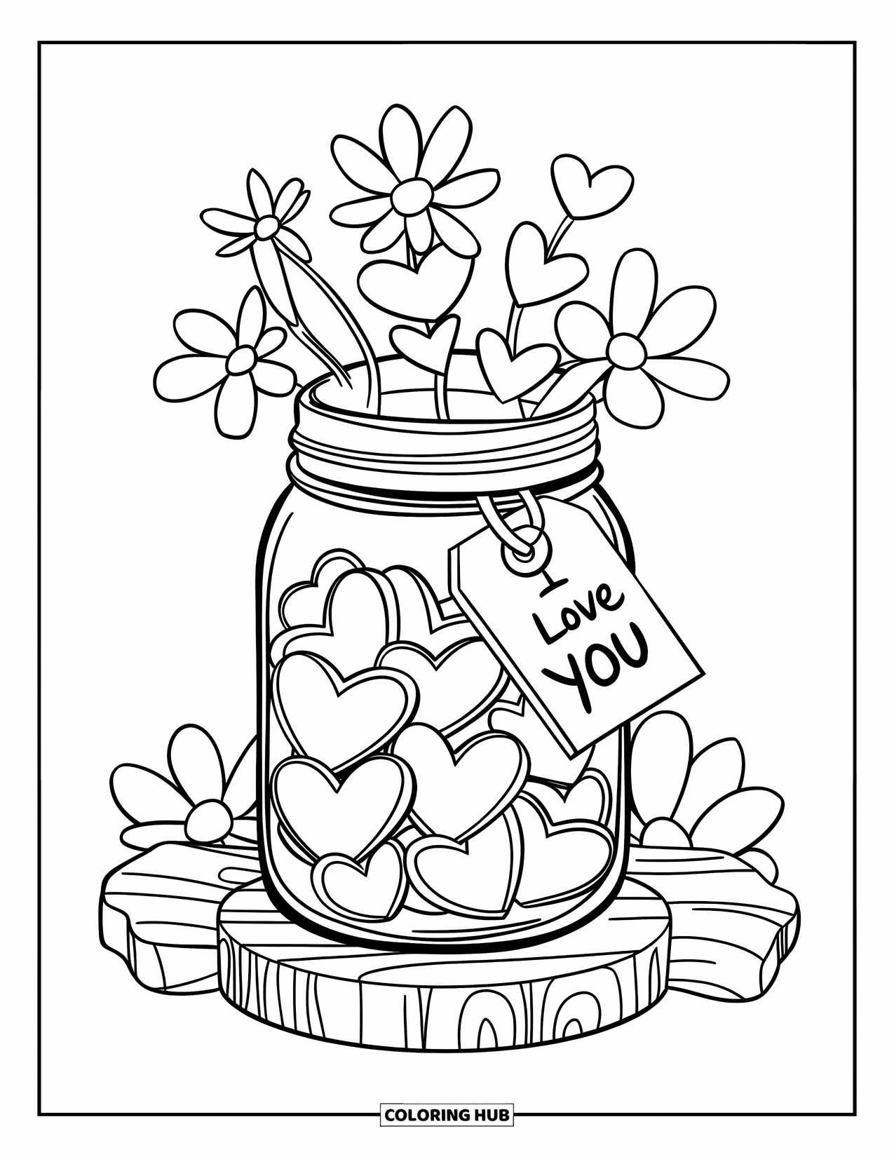 Coloriage Je t'aime pour enfants : Un bocal rempli de cœurs avec des fleurs et une étiquette qui dit « Je t'aime »