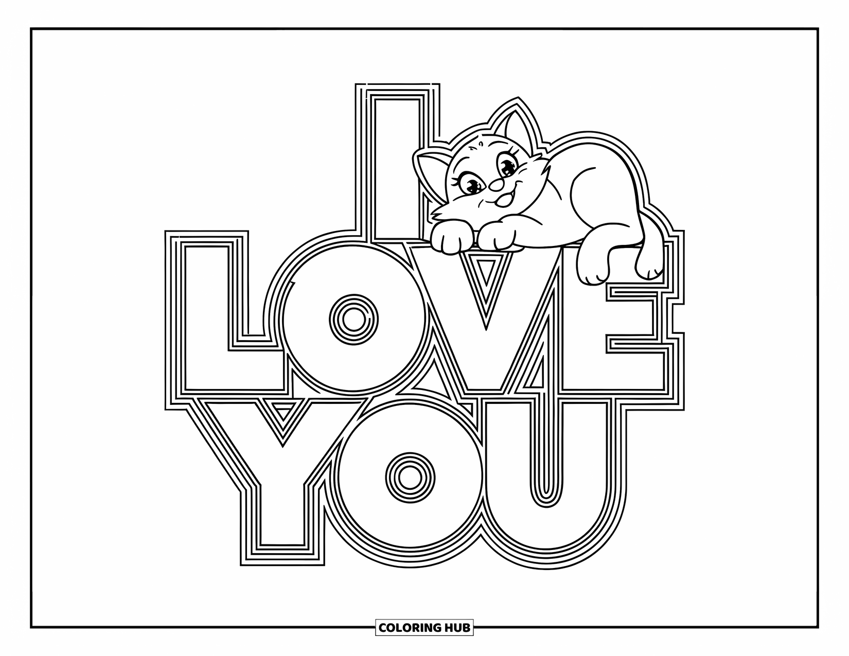 Coloriage Je t'aime pour enfants : Un chat en forme de cœur reposant sur des lettres audacieuses « Je t'aime »