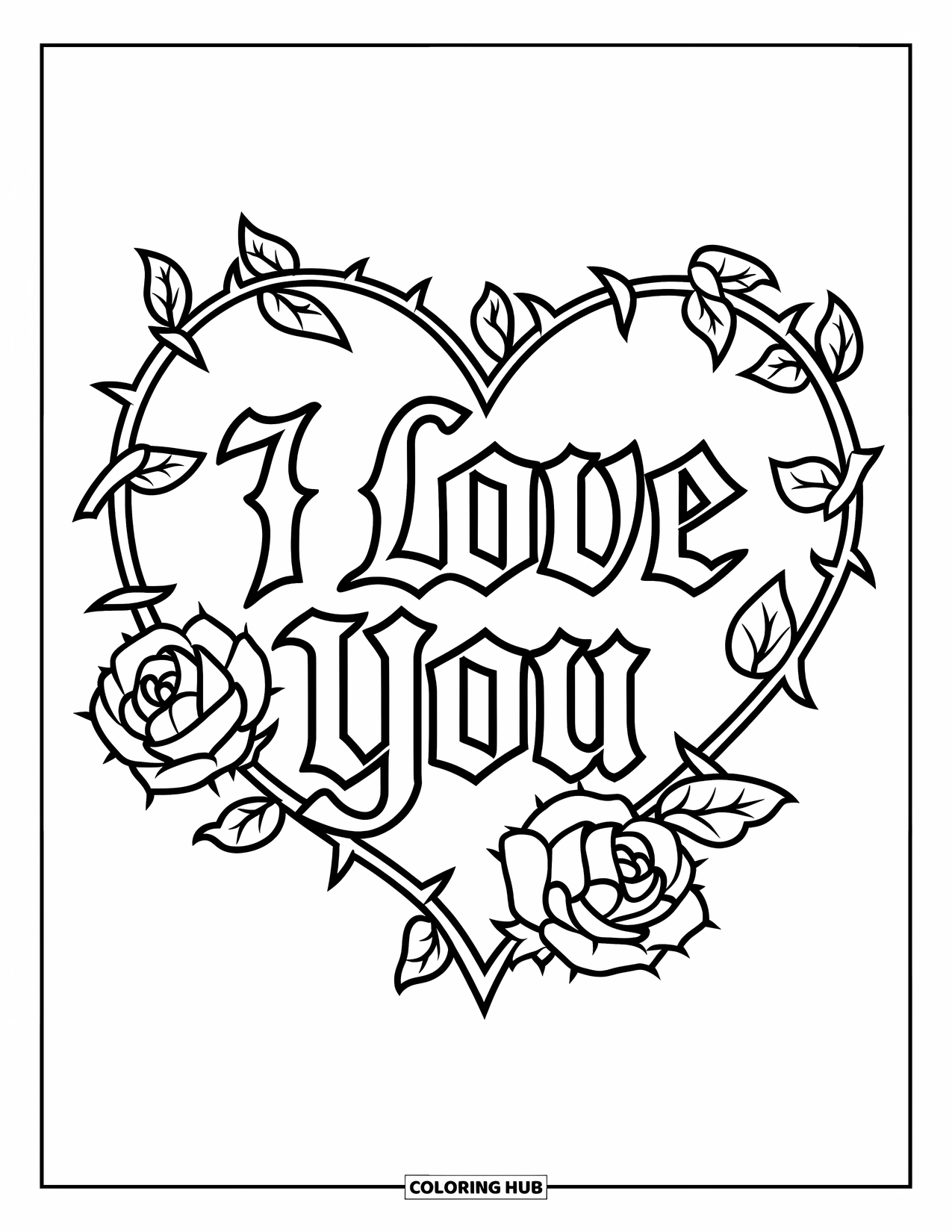 Coloriage Je t'aime pour enfants : Un cœur sous un texte gothique « Je t'aime » enveloppé de roses et de vignes