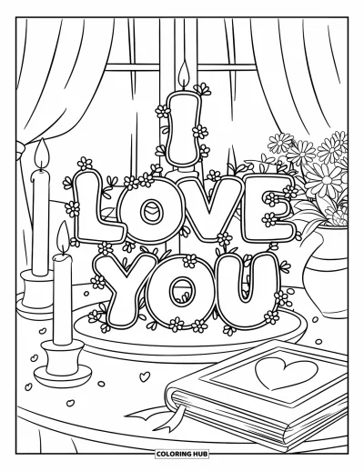 I Love You Coloring Page for Kids: A heart with "I Love You" beside candles, a book, and a flower vase